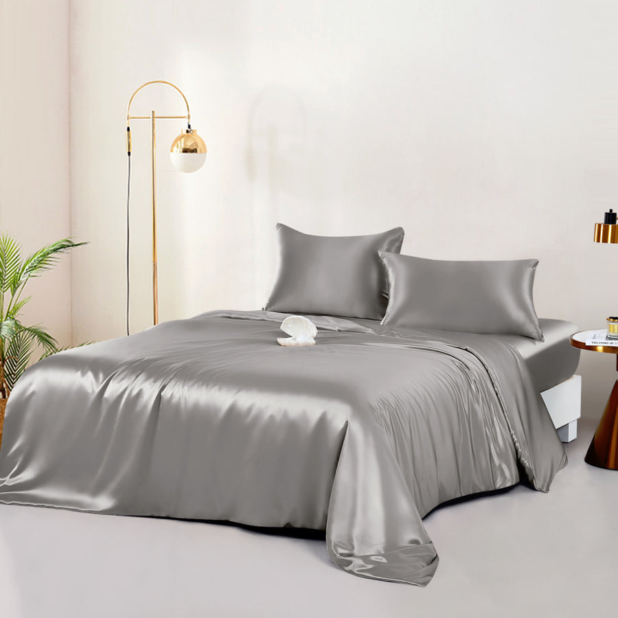 布団カバー4点セット ダブル 無地 シルクと大豆タンパク繊維 (掛け布団カバー・ボックスシーツ・枕カバー) グレー ｜布団カバー4点セット ダブル 無地 シルクと大豆タンパク繊維
